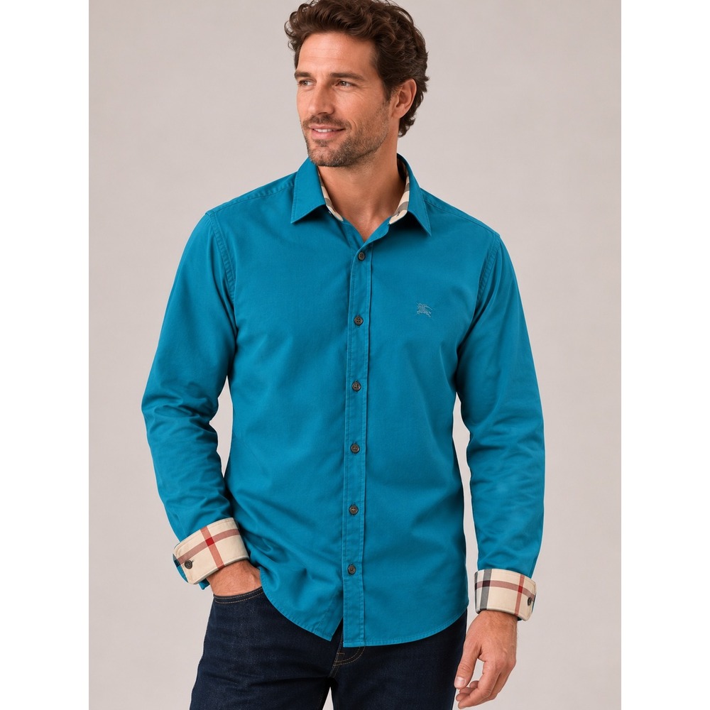 Burberry Mens XL Henry Shirt Teal Check Trim NWT Button Down Luxury Designer Top